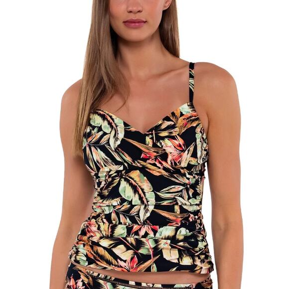 Sunsets Retro Retreat Simone Black Tropical Floral Tankini Swim Top Size 40D/42C - Picture 1 of 11